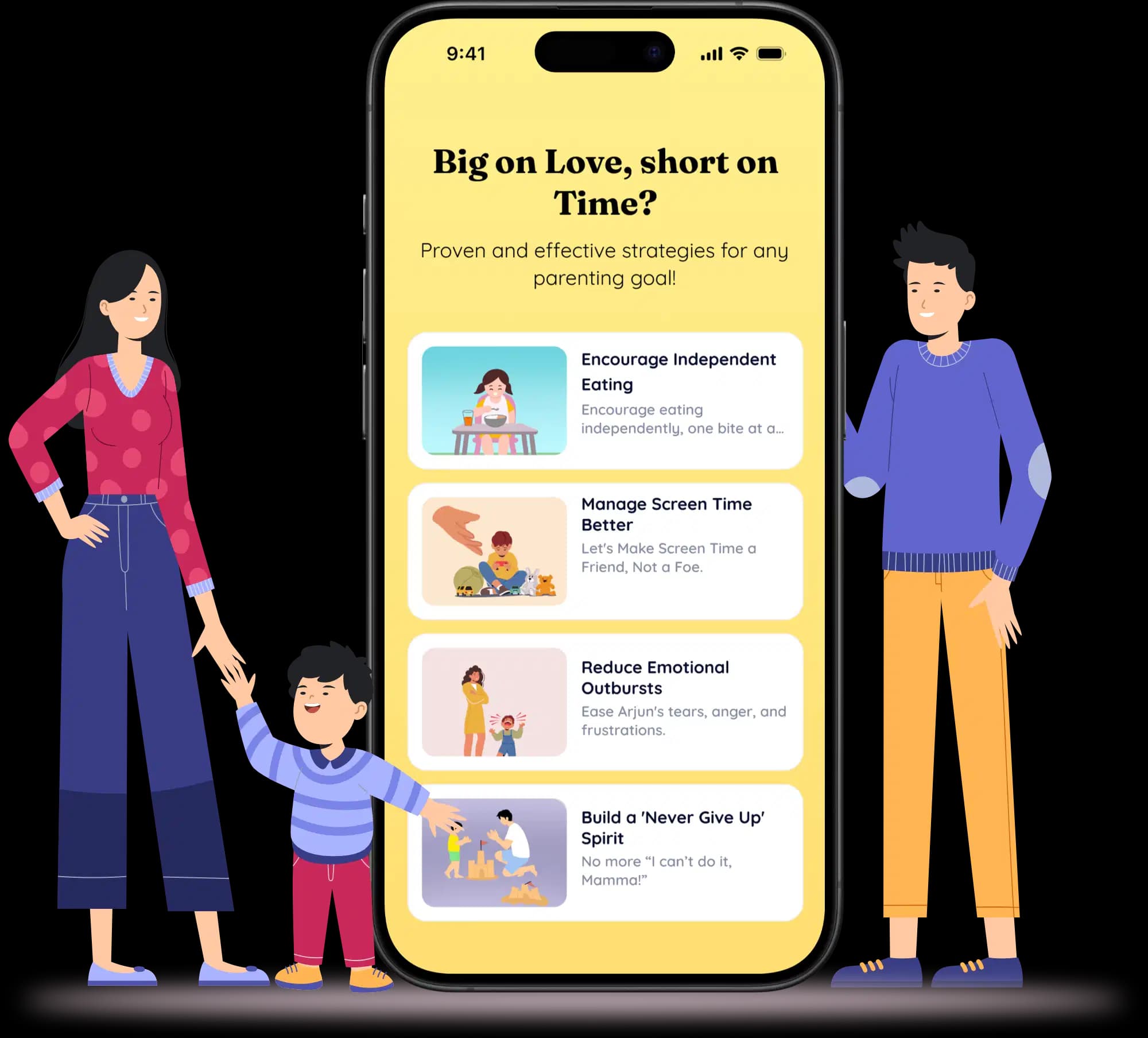 TinyPal app interface with family illustration